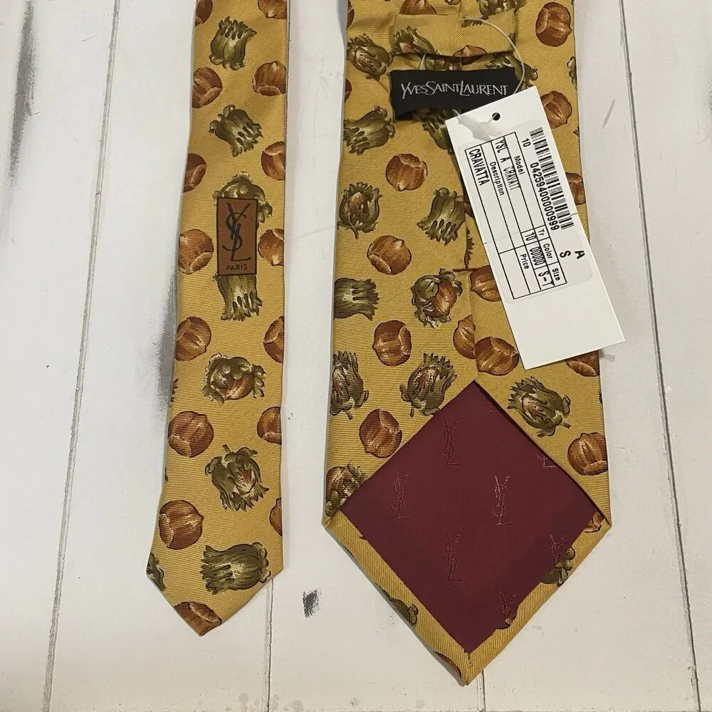 Vintage Yves‎ Saint Laurent YSL 100% Silk Neck Tie Gold Yellow Hazelnut RARE NWT